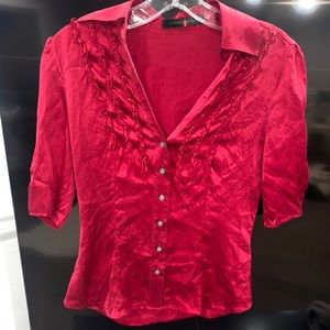 Vintage Express Design Studio Red Silk Satin Ruffle Blouse Size S